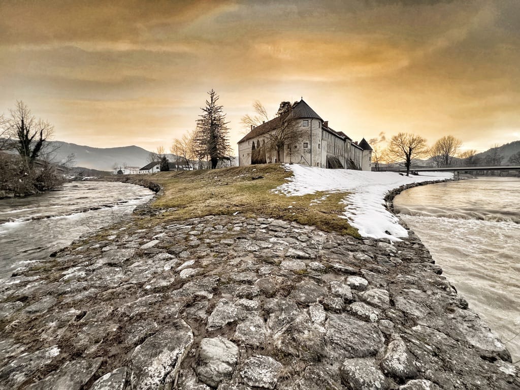 Junction pool where Dreta flows into Savinja, terrific spot for fly fishing Hucho hucho during the winter in Slovenia.
