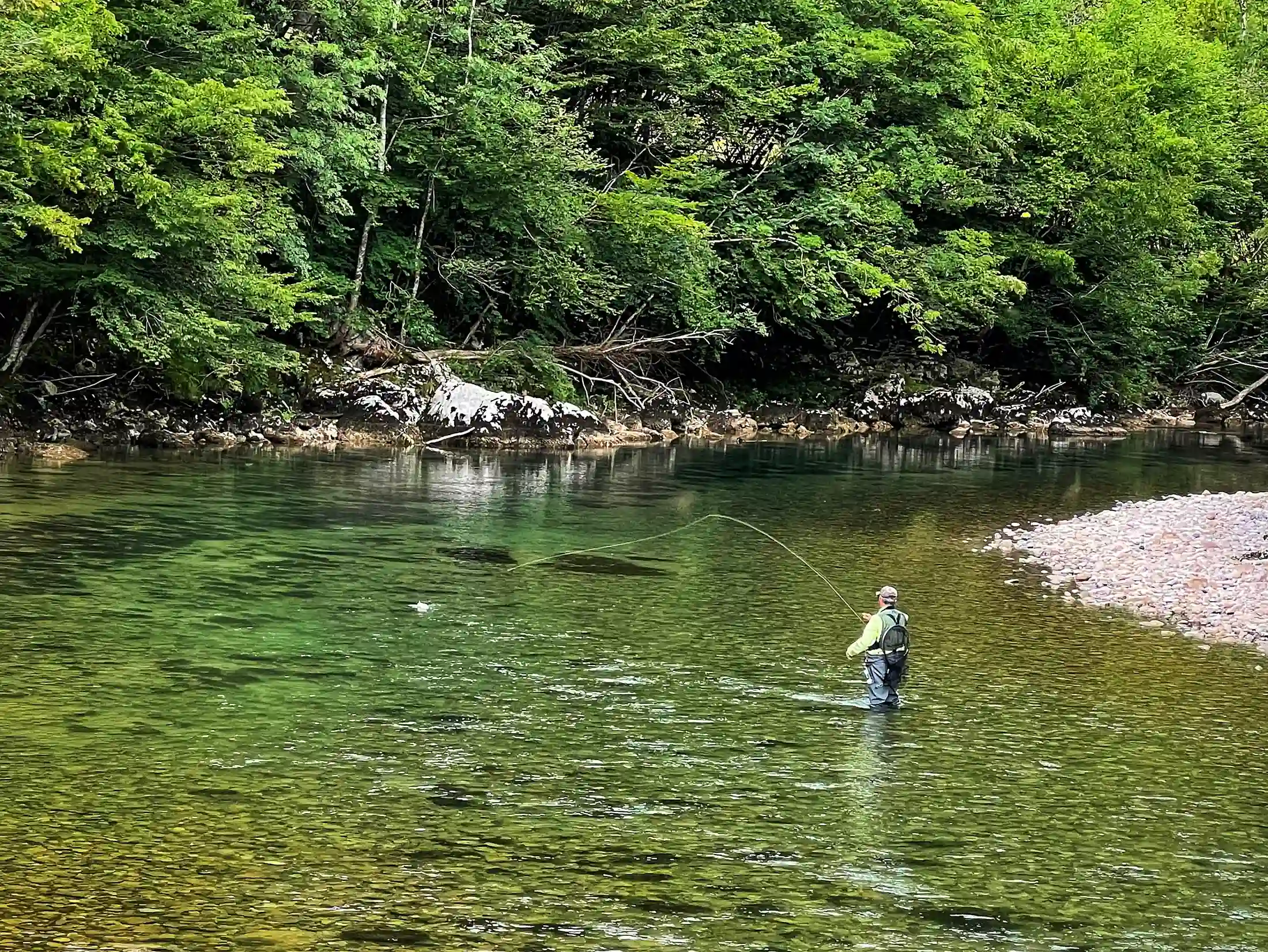 Fly angler in action, dry fly fishing for grayling in Risnjak National Park, Croatia.