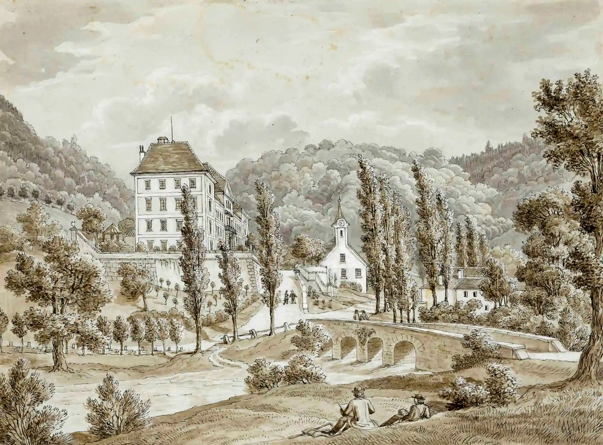 Antique illustration of Haasberg Castle, the legendary bridge over Unica limestone river.