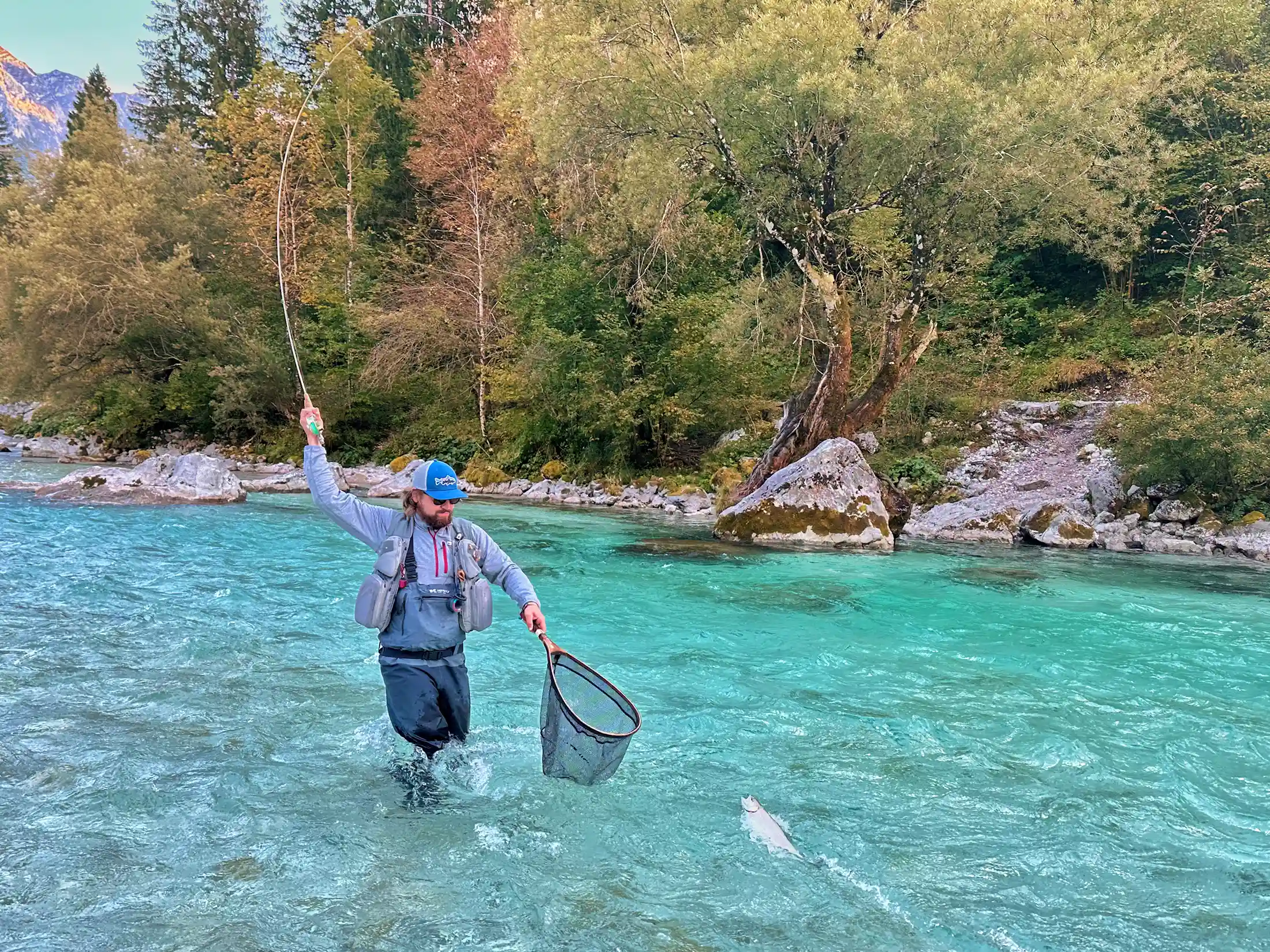 Turquoise crystal clear water on Soča river, Slovenia. Perfect destination for fly fishing Marble trout and grayling.