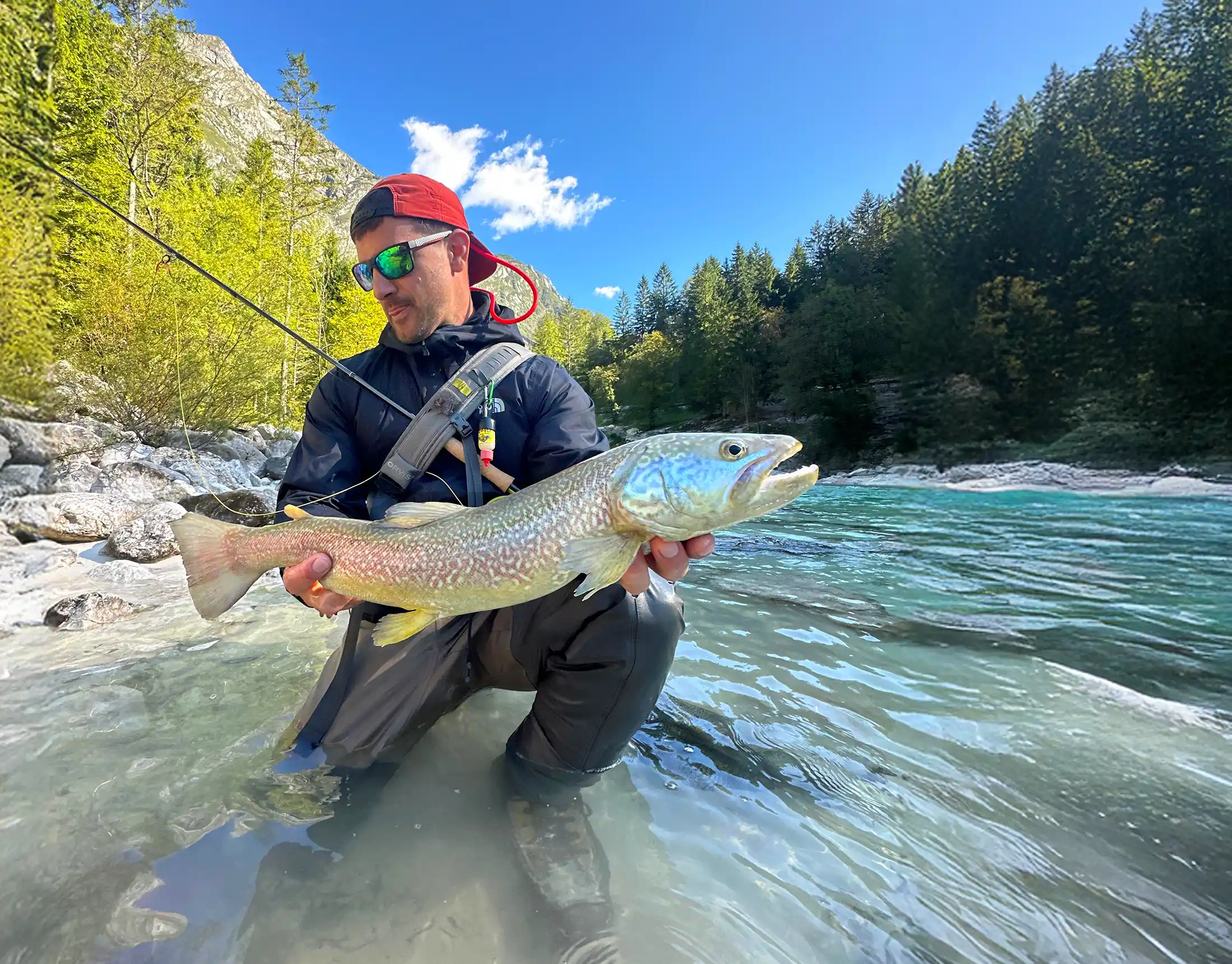 Amazing Soča river, Slovenia. Fly angler in action with a trophy Marble trout. Also a great destination to target grayling.