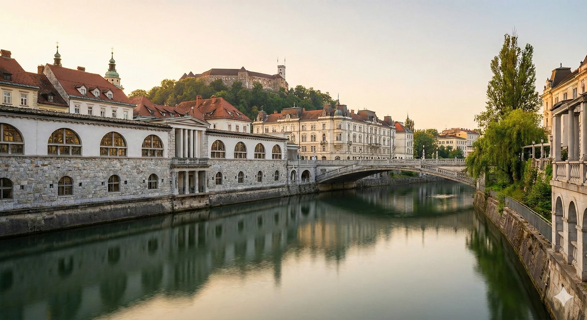 View of Ljubljana castle and river, starting point for fly fishing day trips in Slovenia.